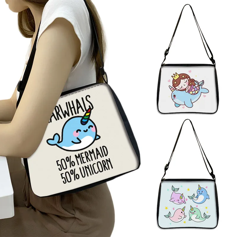 Kawaii Cute Narwhal Print Shoulder Bags Narwhal Unicorn Mermaid Girls Handbag Phone Holder Cartoon Whale Fish Crossbody Bag Gift