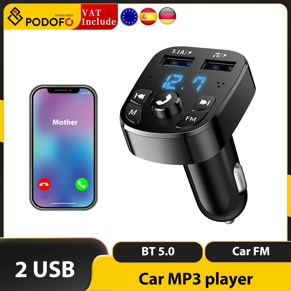 Podofo BT 5.0 Wireless Handsfree Car FM Transmitter MP3 Player 2 USB Charger Kit