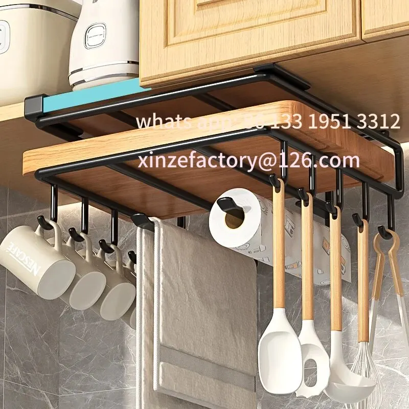 

Customizable Kitchen Hanging Organizer Rack with Hooks Under Cupboard Paper Towel Rags Hanger Cutting Board Pot Cover Holder Sto