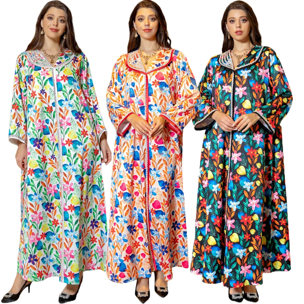 

Floral Print Hot Fix Diamond Abaya Dress for Women Middle Eastern Dubai Turkey Arab Oman Moroccan Islamic Clothing Ethnic Party