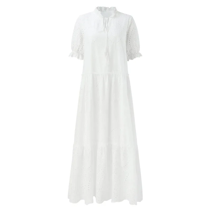 Summer Cotton White Dress for Women Casual Hollow Crochet Bohemian Loose Beach Long Dress Ladies Plus Size Holiday Ruffles Dress