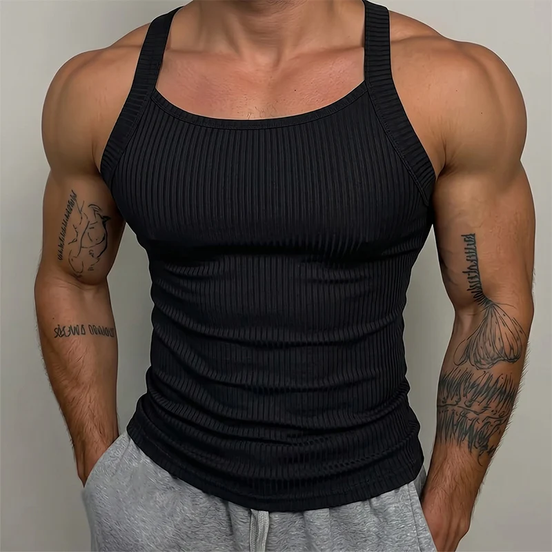 NEW Classic Men's Ribbed Tank Tops Elastic Slim Fit Breathable Solid Color Camisoles Men Fashion Sleeveless Straps Vest Tops