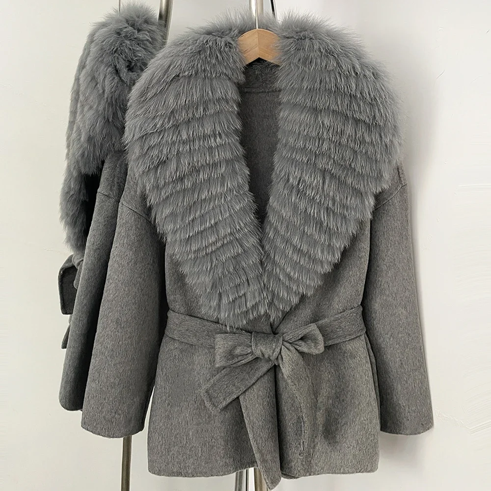 OFTBUY Neuer Damen Kurzmantel aus 100% Wolle Luxuriöse Winteroberbekleidung Übergroßer Echter Fuchspelzkragen Gürtel-Wickeljacke für Damen – Detail 17