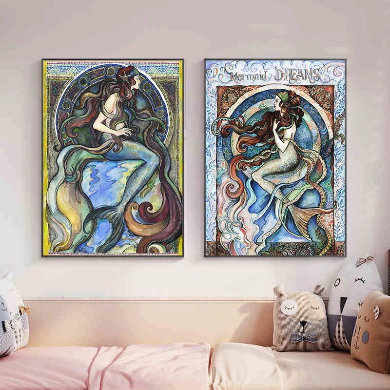 Inspired Art Nouveau Sailor and Mermaid Dreams Poster Print Canvas Painting Mysterious Creature Wall Art Room Home Decoration