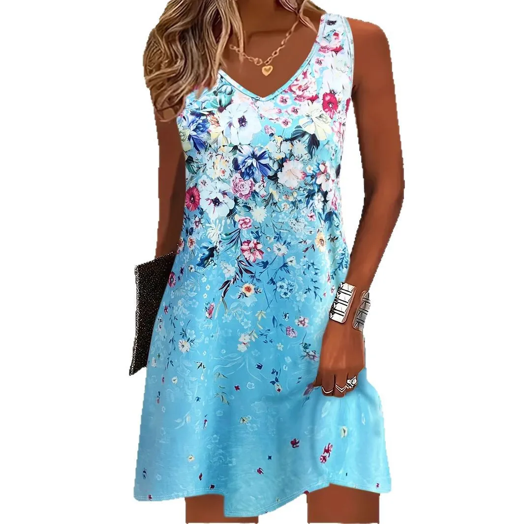 Robe imprimée sans manches pour femmes, mode florale, décontractée, polyvalente, col en v, jupe trapèze, été, 2025