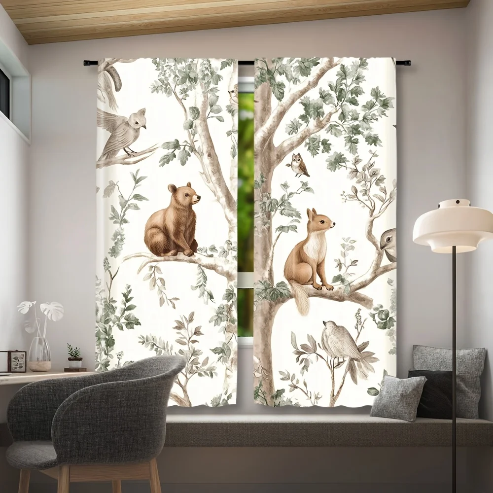 Watercolor Woodland Animal Curtains Bears Forest Nature Decor Nursery Room Window Drapery Cute Wildlife Artwork Print