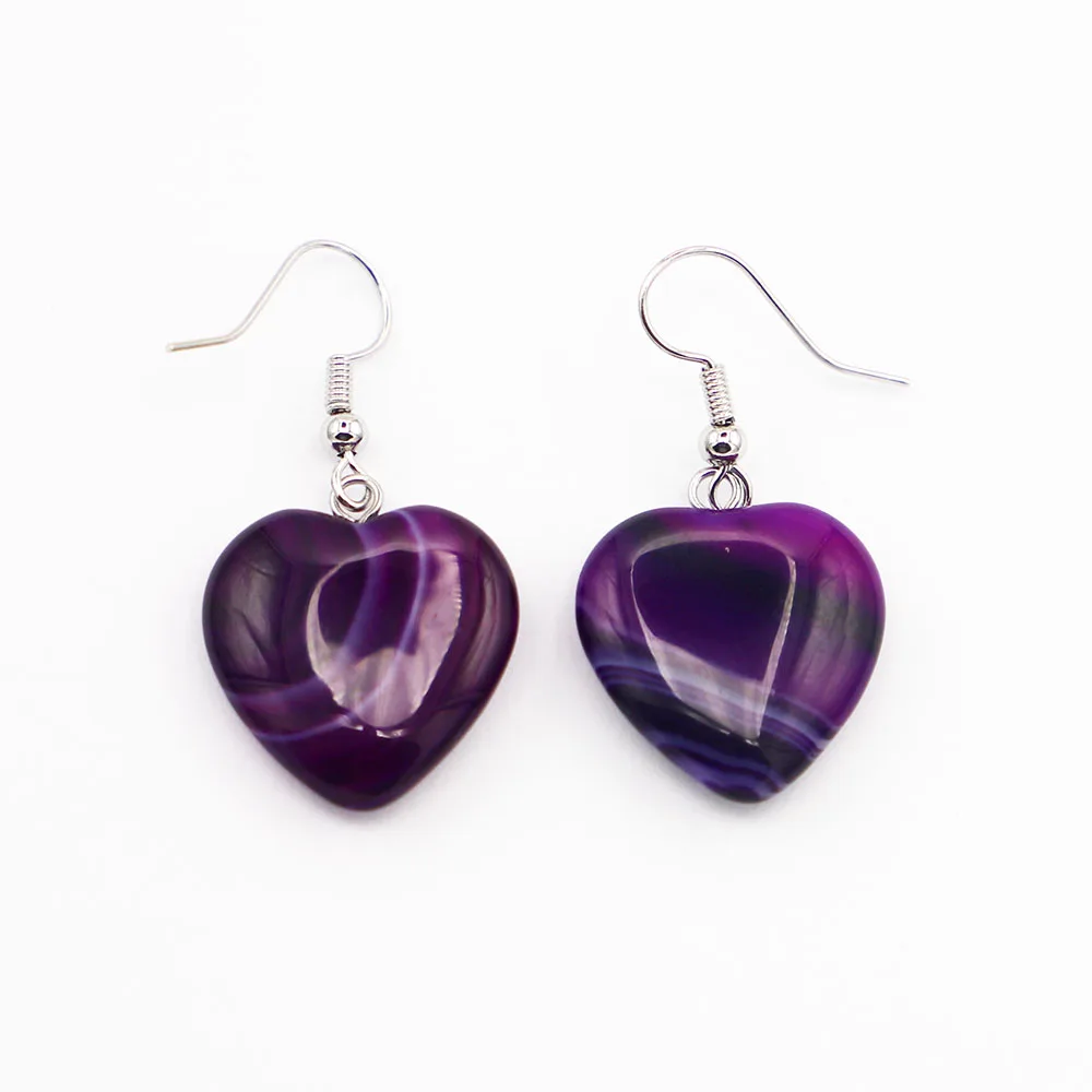 1Pair Fashion New Natural Stone Purple Agate Heart Shaped Earrings Pendants Dangle Reiki Charms DIY Women Party Wedding Jewelry