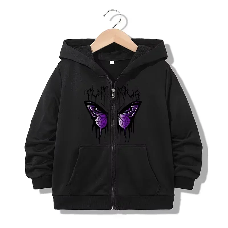 Children Black Zip Hoodie Dark Letter Purple Butterfly Pattern Long Sleeve Loose Fit Hooded Jacket Youth Fashion Top