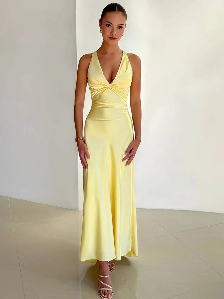 

Satin Bow Backless Sexy Maxi For Women Gown Fashion V Neck Sleeveless Club Party Evening Dress Elegant