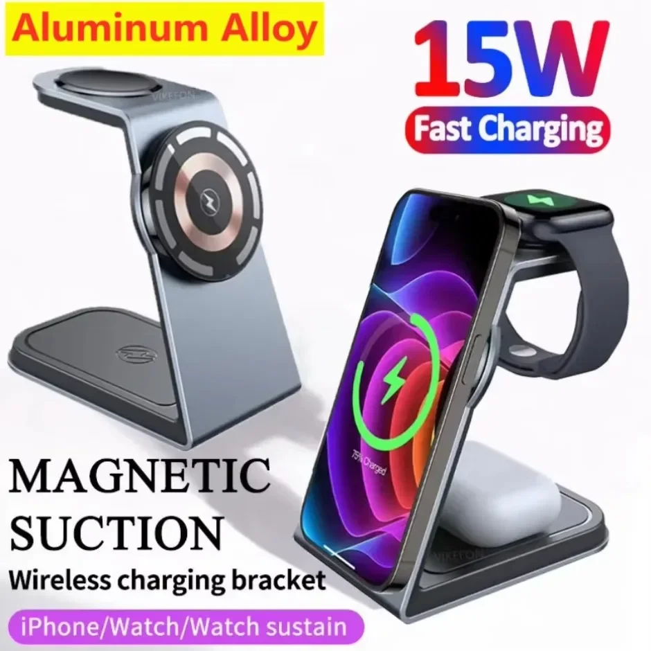 3 in 1 Magnetic Wireless Charger Stand Aluminum Alloy Fast Charging Station For iPhone 16 15 14 13 Pro Max Apple Watch Airpods