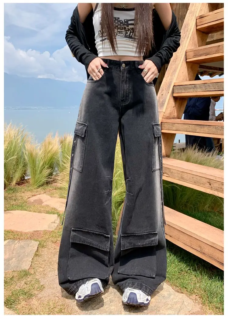 

Women's Black Work Pants Multi-Pocket Metal Button Spliced Jeans Hip-Hop Street American Retro Floor Pants High Waist Jeans