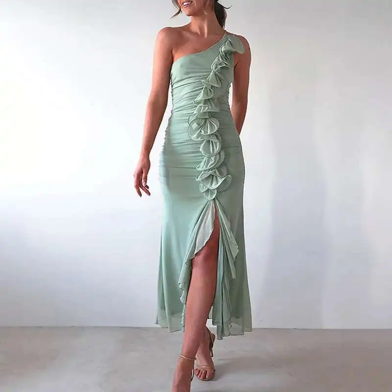 Sexy Backless Slim A-Line Casual Ruffled Irregular Beach Long New 2025 Summer Lady Slanted Collar Draped Split Dress
