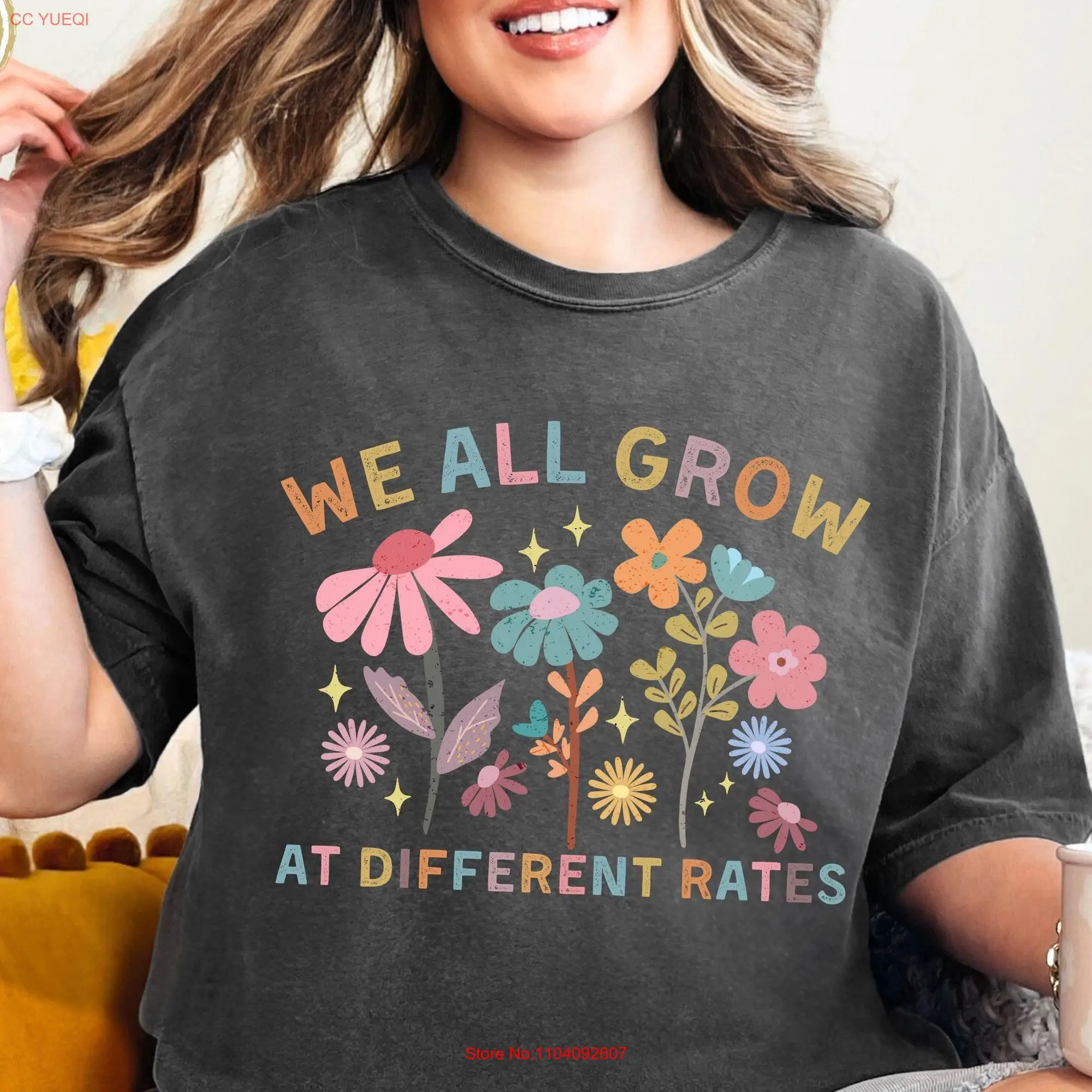 We All Grow At Different Rates T Shirt Spring Teacher Comfort Colors for Women Daycare Kindergarten Wildflower