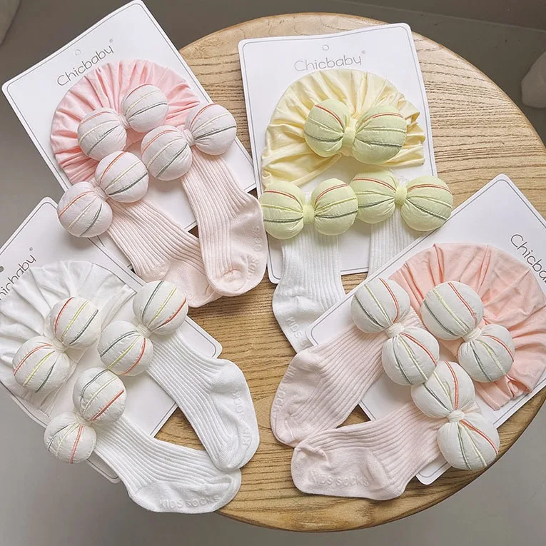 Baby Bow Hat Sock Set Spring Autumn Tube Sock+ Turban Hat