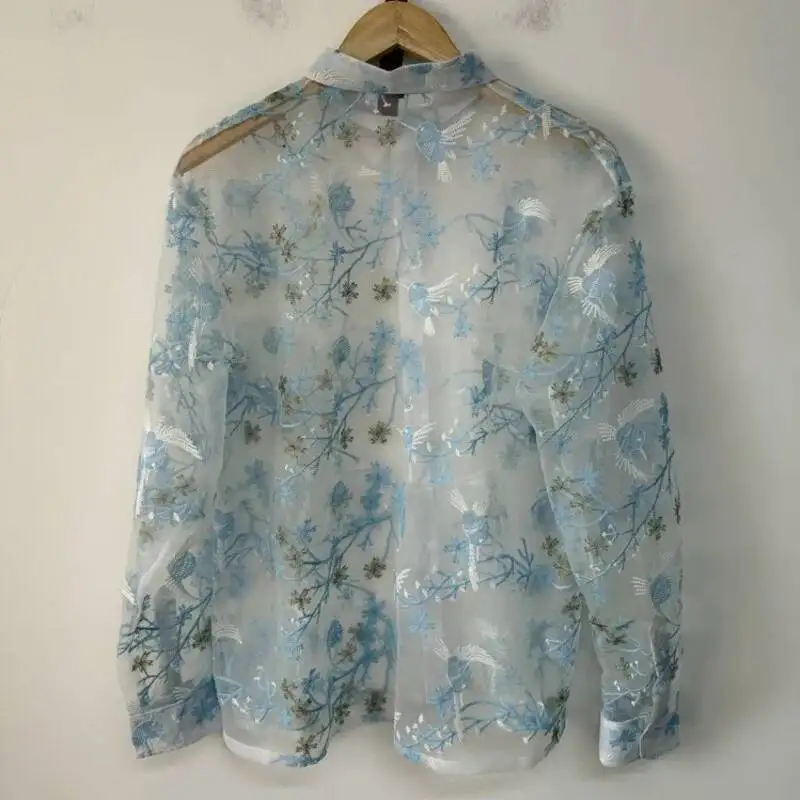 WVGA Summer New Man Chinese Style Heavy Embroidery Sheer Mesh Trendy Long Sleeve Shirt Niche Casual Turn-Down Collar Tops W22910