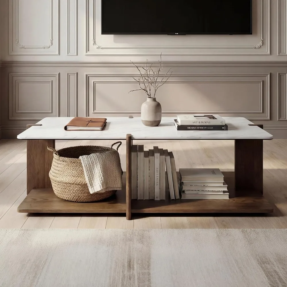 

Современный журнальный столик с открытым каркасом и местом для хранения, 50 дюймов, из массива дерева с мраморной (суперматовой) столешницей, с полой визуальной вставкой