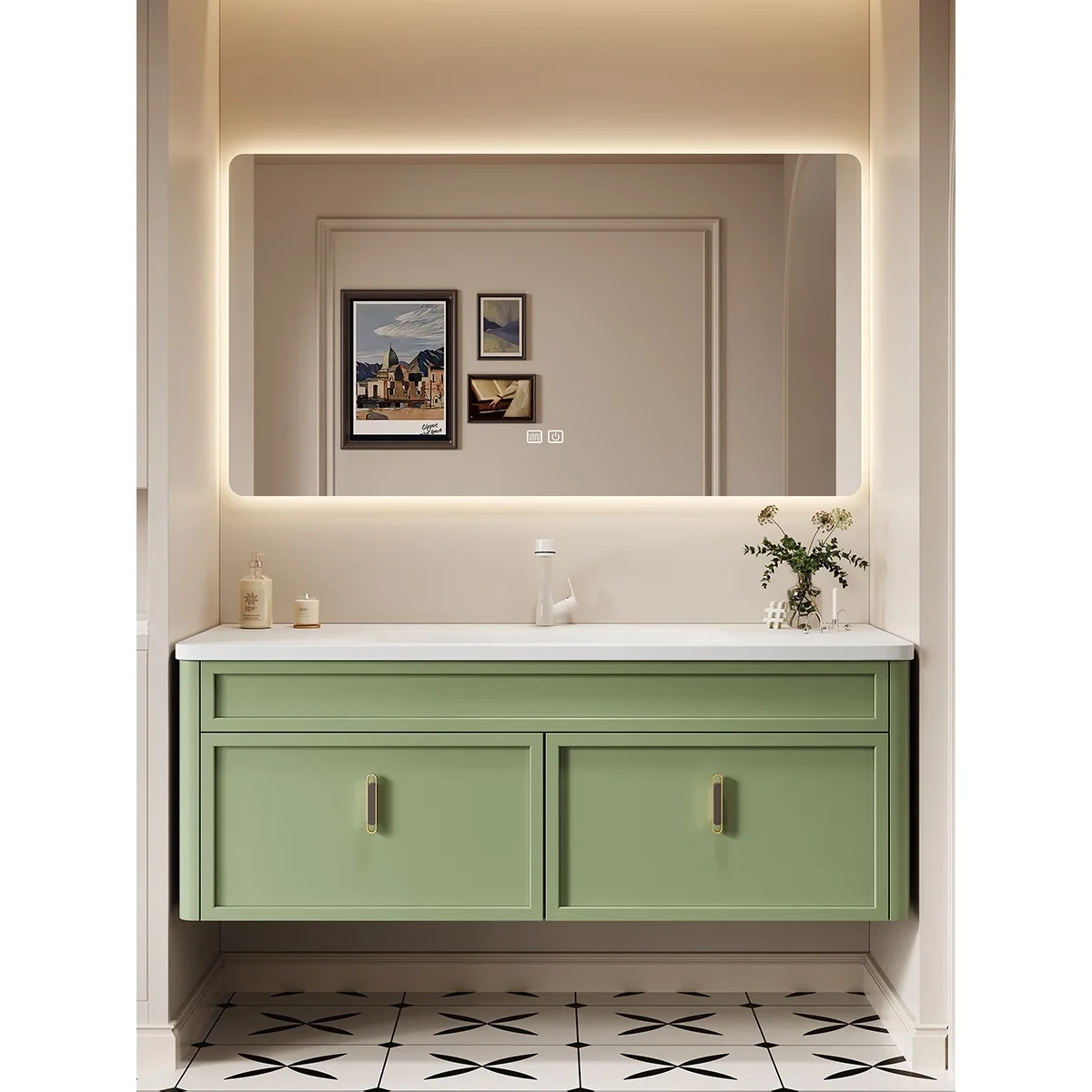 

Integrated basin bathroom rock slab seamless bathroom cabinet rubber wood washbasin cabinet