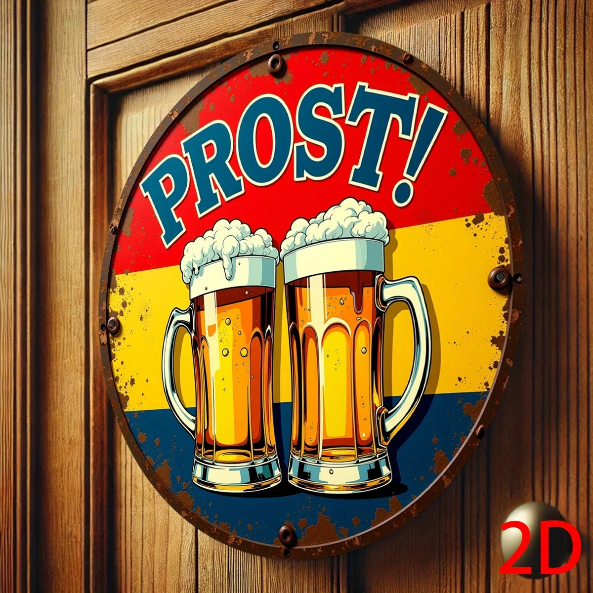 2D Flat - Vintage German Oktoberfest Prost! Beer Mug Metal Wall Decor - Retro Bavarian Pub Sign with Cheers! - Heavy-Duty Alumin