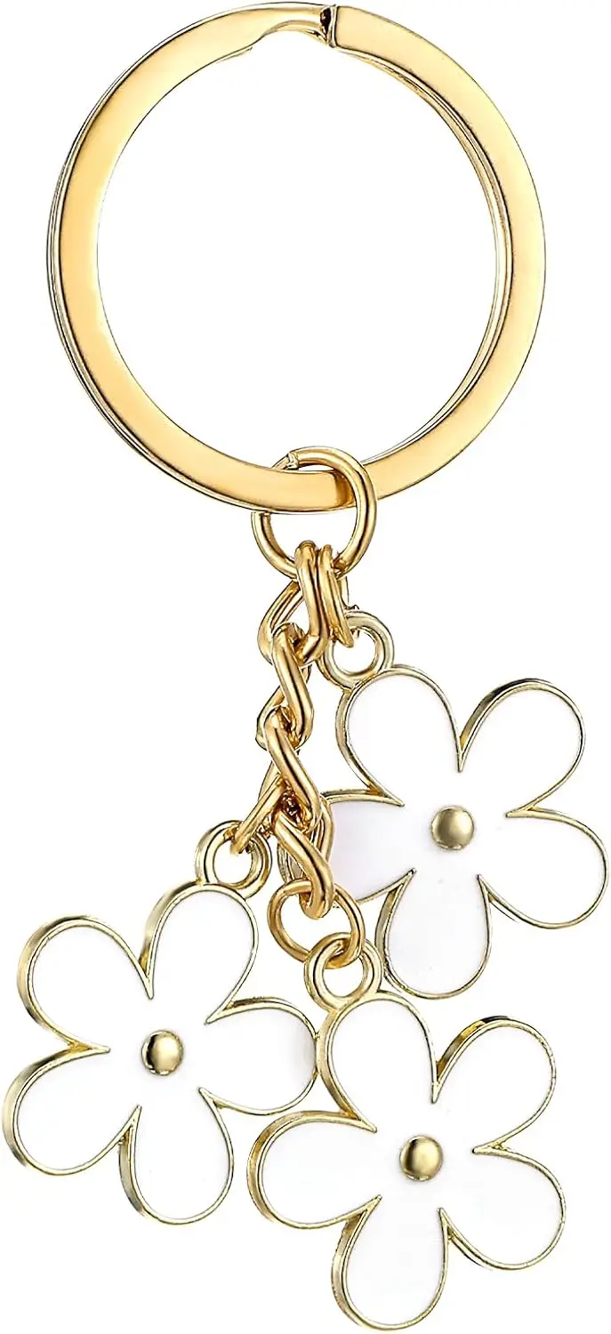 Flower Keychain, Cute Keychains Flowers Charms Enameled Keychain Sweet Aesthetic Keychains Charms Preppy Accessories Bag Purse Charm Gold Key Chain Charm Tassel Keyring for Women Girls Bag