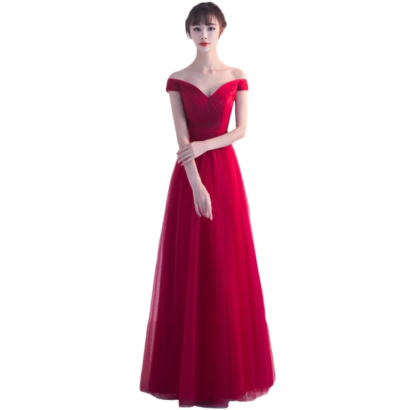 Brinde de noiva 2025 novo inverno sexy fora do ombro longo vermelho banquete de casamento vestido de noite festa de casamento vestido formal