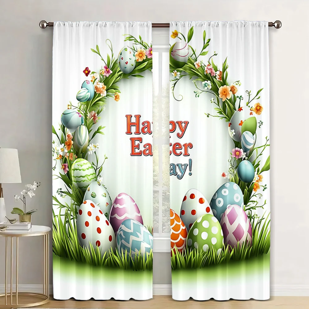 2Pcs Happy Easter Day Colorful Garland Curtain Easter Eggs In Green Grass And Flowers Curtain Floral Spring Holiday Curtains_a