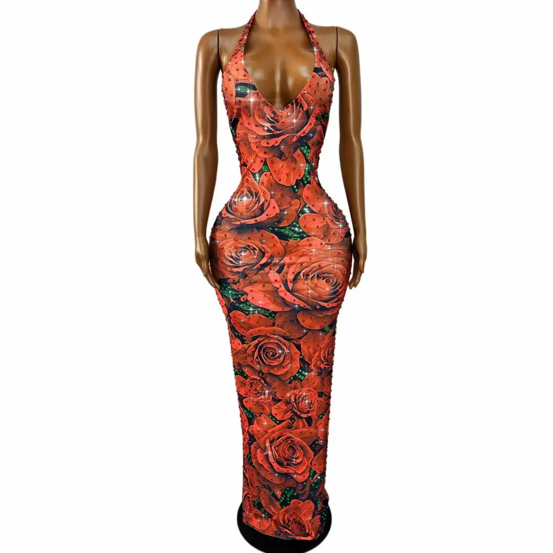 

Meiguihuaban Sparkly Red Rose Floral Printed Rhinestone Mermaid Gown Halter Deep V Neck Birthday Photoshoot Outfit