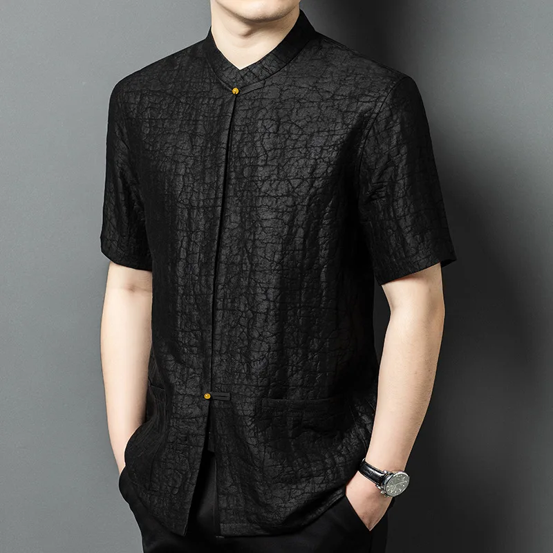 

Real Silk Men's Gambiered Guangdong Old Crack Stand Collar Short Sleeve Shirt Middle-Aged Leisure Loose New Chinese Clothing