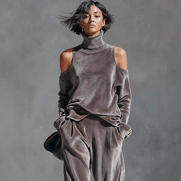 

New Fashion Off-shoulder Sweatshirt + Wide-leg Pants Two-piece Sets Women Spring Casual Loose Top And Trousers Suit For Women