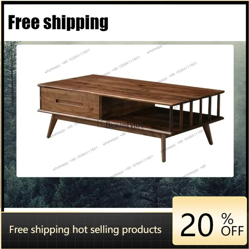 HJ Nordic Solid Wood Coffee Table Japanese Black Walnut Simple Light Luxury Tea Table
