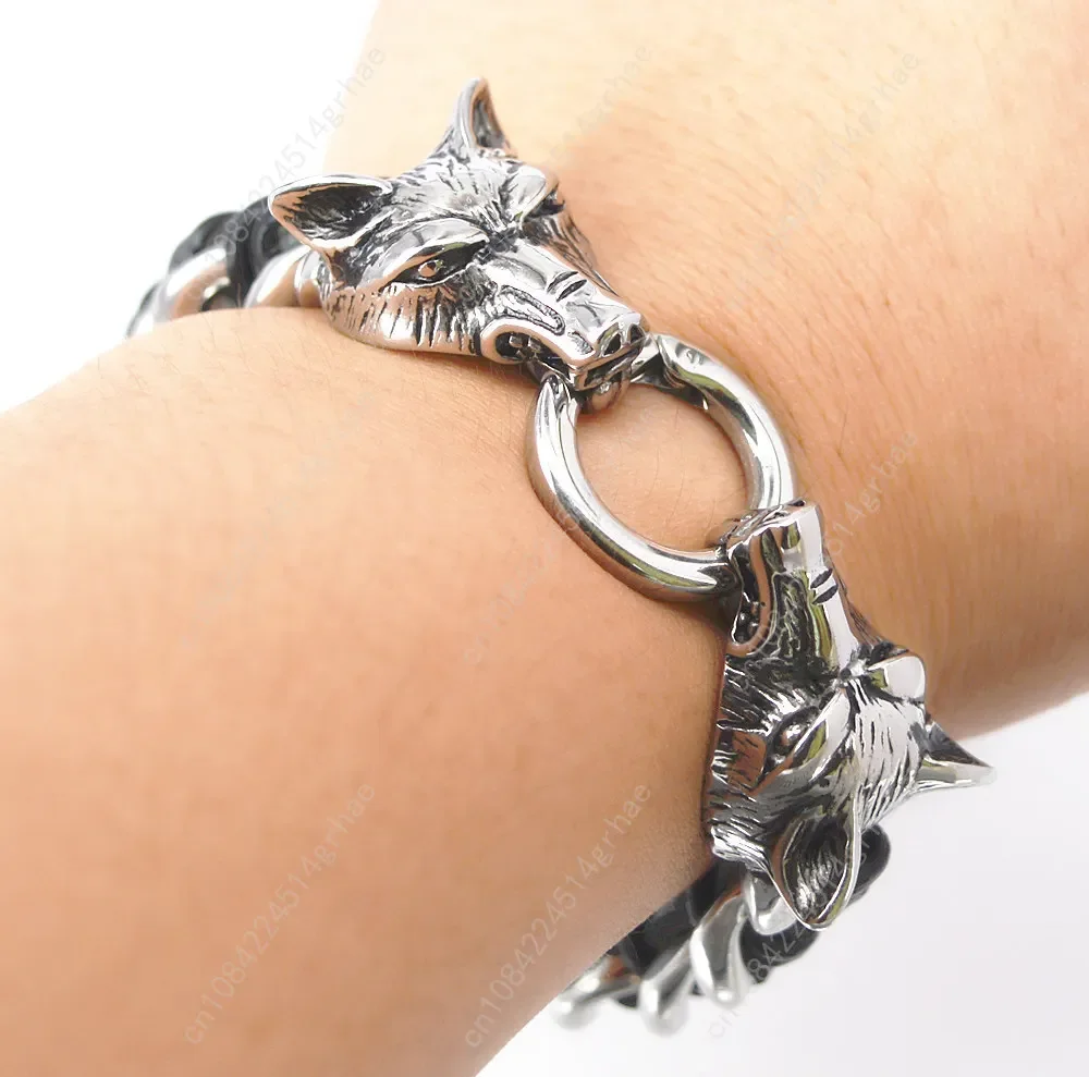 فاسق الصخرة الذهب والفضة اللون رجل مجوهرات 316L الفولاذ المقاوم للصدأ مع جلد طبيعي التفاف سوار الرجال كول مزدوجة الذئب رئيس الحيوان