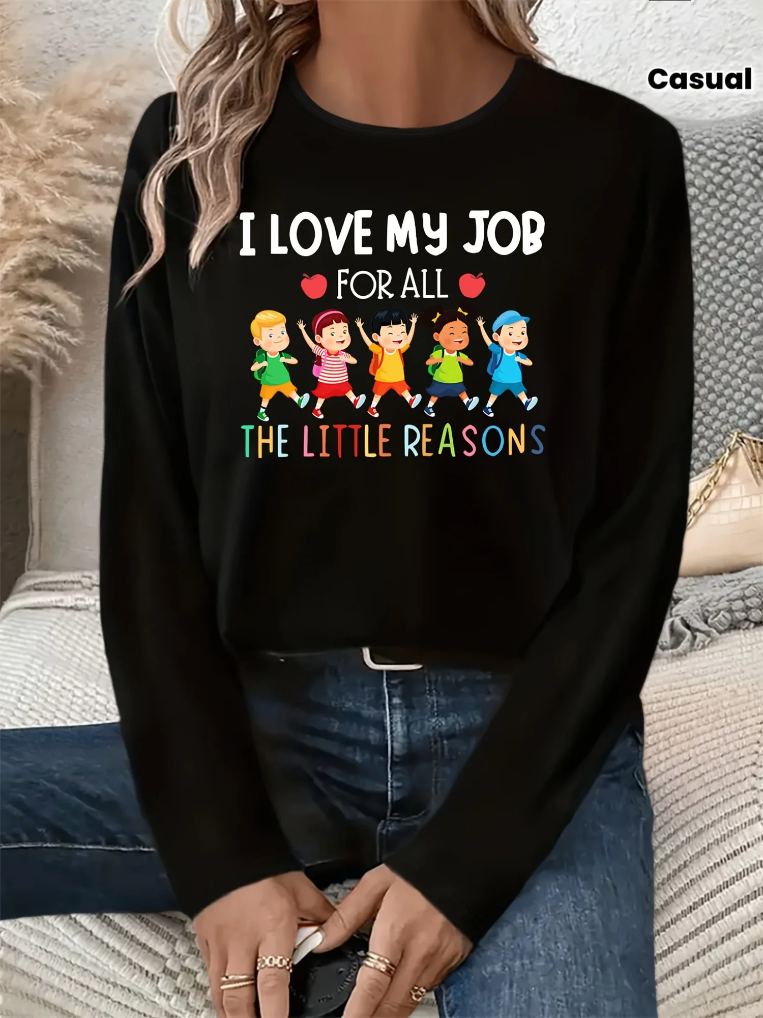 Teacher's Day I LOVE MY JOB Casual Crew Neck Long Sleeve T-Shirt for Woman Vintage Style Tees Tops 90s Graphic T Shirt Clothes
