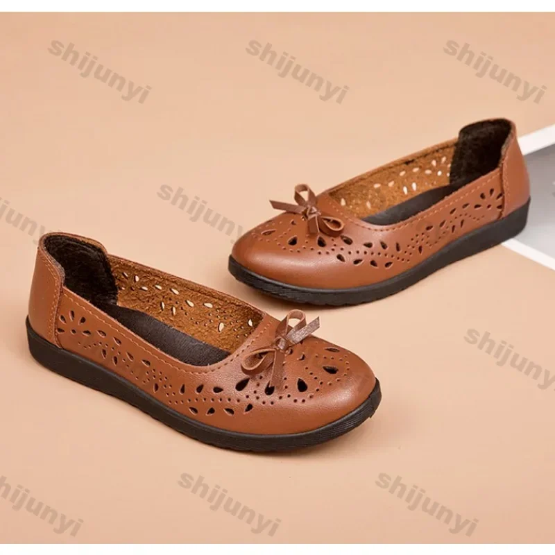 SummerSandals Soft Sole Leather Shoes Anti Slip Middle and Old Age Hole Shoes Women's Flat Sole Anti Slip Hollow Breathable