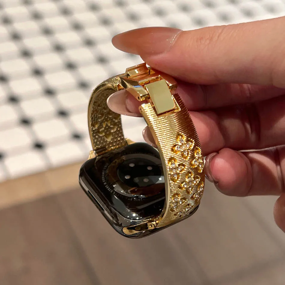 Cinturino con diamanti di lusso per cinturino Apple Watch da donna 38-49 mm serie iWatch 10 9 8 7 6 5 4 3 SE Ultra, design di gioielli floreali