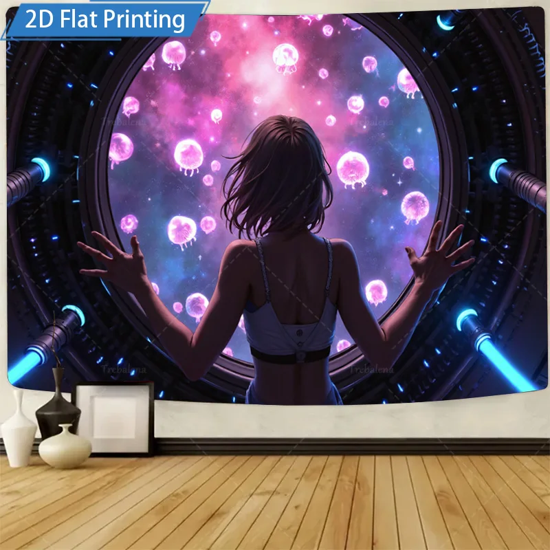 

1шт настенный гобелен "Футуристическая космическая медуза настенный гобелен с видом на окно"