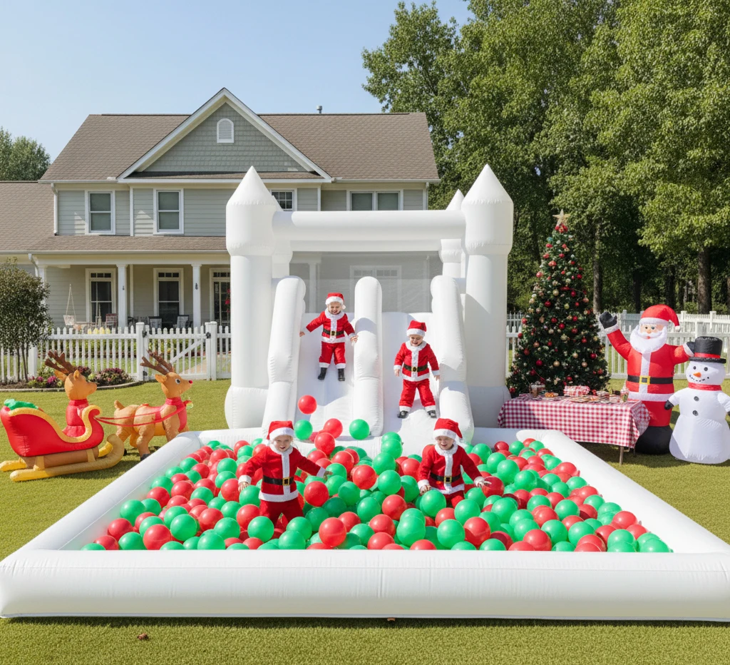 Kinderfeest Groot 19ft opblaasbaar wit springkasteel met dubbele glijbaan en grote bal PIT-aanpassing Oxford springkasteel