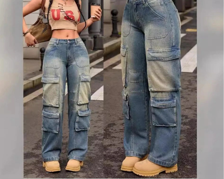 

2025 Autumn and Winter New Heavy Industry Retro Multi Pocket Work Pants Straight Leg Jeans