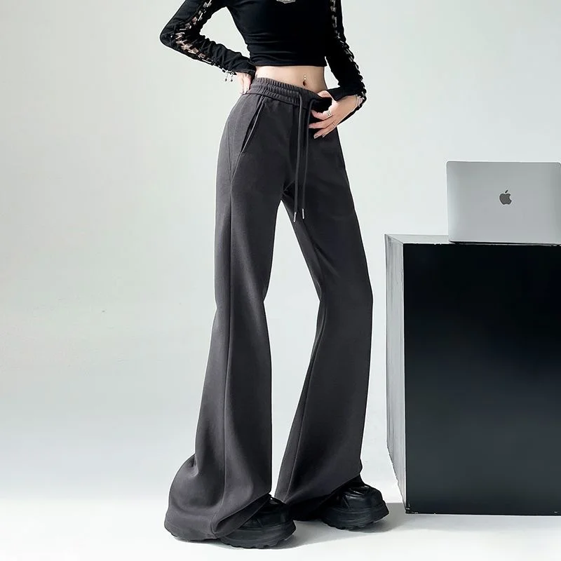 

Американские брюки-клеш с низкой талией, удлиненные, для женщин, повседневные спортивные брюки, весна-осень, новые, в пол, черные