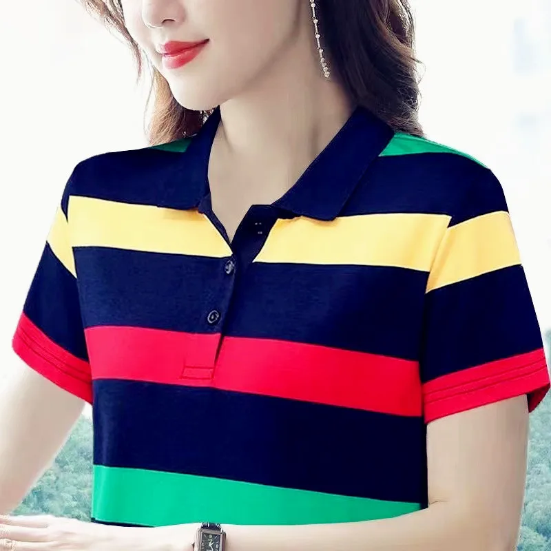 2024 Women Summer Tops Strip Tees Sexy Vintage Short Sleeve 5XL Polo T Shirts Loose Casual Befree Boho Tees