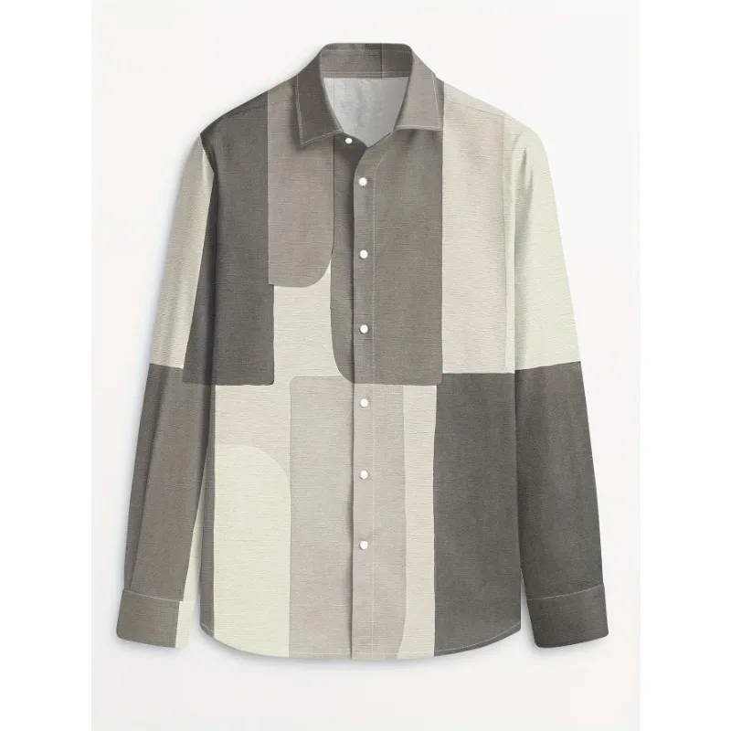 Men's Fashionable Casual Long Sleeve Shirt - Colored Block Design Polyester, Buttons Machine Washable Ideal for Casual Clothing