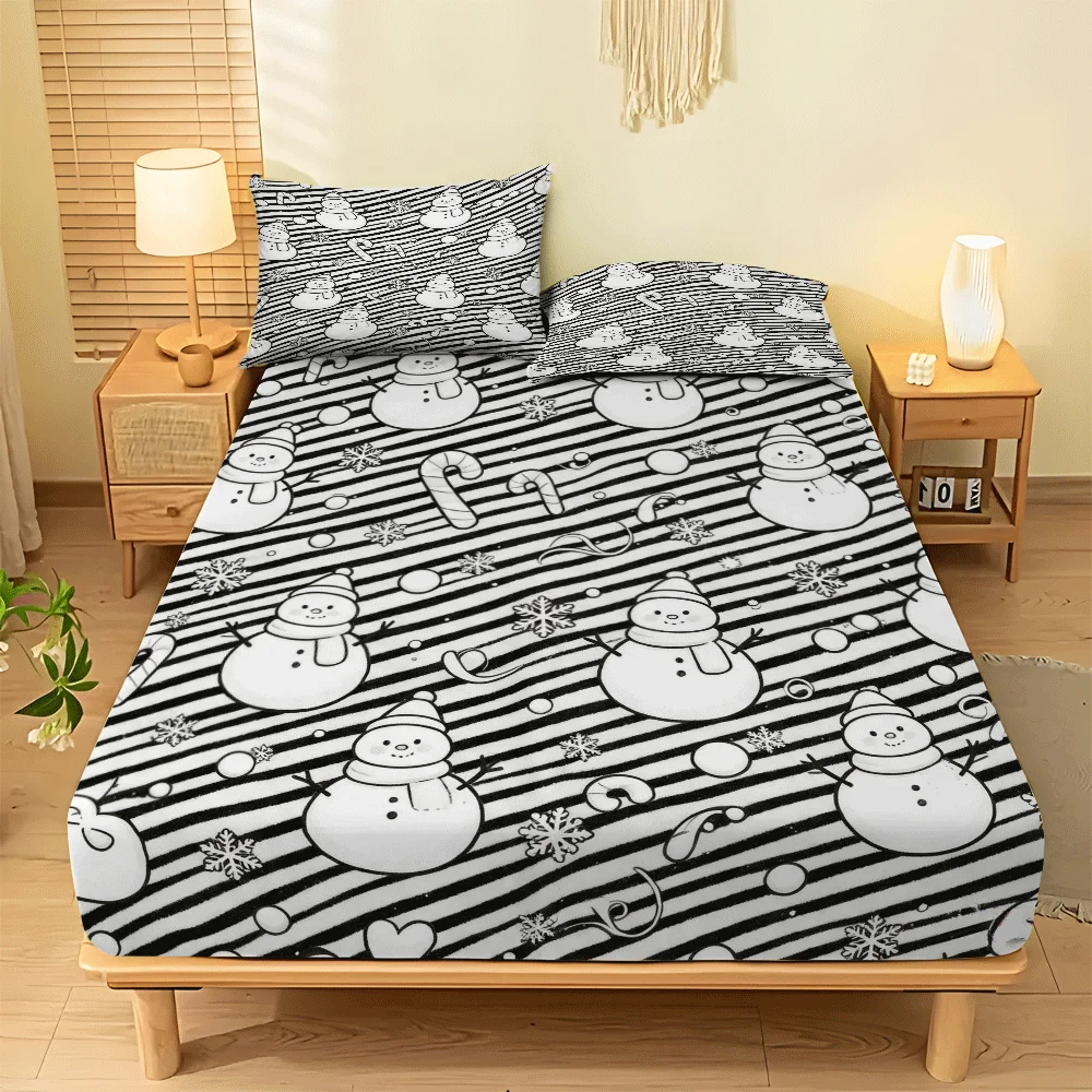 3-Piece Mattress Protector Set, Unique Striped Snowman Merry Xmas, Mattress Cover, Minimalist Style, Christmas Birthday Party, Mattress Cover Suitable for All Seasons, Machine Washable, Suitable for Home, Dormitory, Master Bedroom, Guest Room, Soft and Skin-Friendly, Dust-Proof and Mite-Proof, High Elasticity Fit