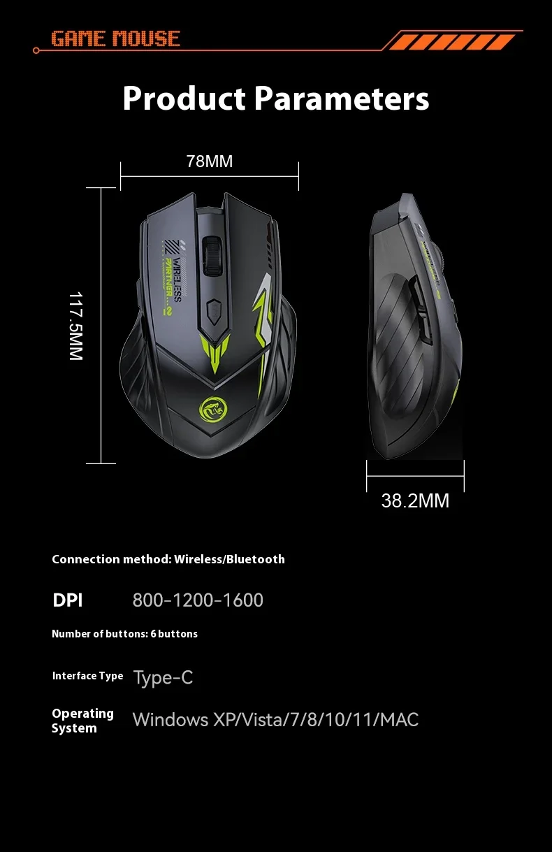 KEBIDUMEI Bluetooth 5.4 Wireless Mouse 6 Buttons Dual Mode Gaming Mouse 1600DPI Rechargeable E-Sports Mice Computer Accessories