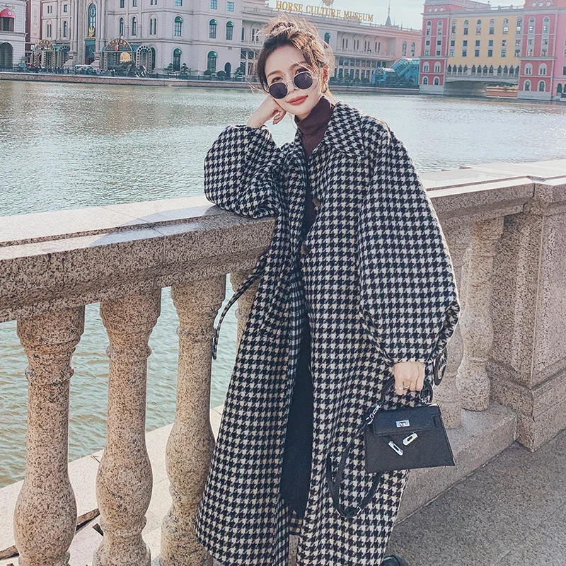 

Retro Thousand Bird Plaid Woolen Coat for Women's 2024 Winter New Korean version Fashion Temperament Wool Coats With Belt