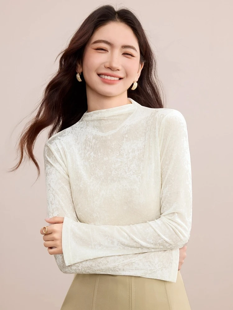 

SENTUBILA Women Casual Tops 2025 Autumn Flare Sleeve Slim Fit Mock Neck Tops Solid Elegant Long-sleeve Woman Clothing 153TA3337