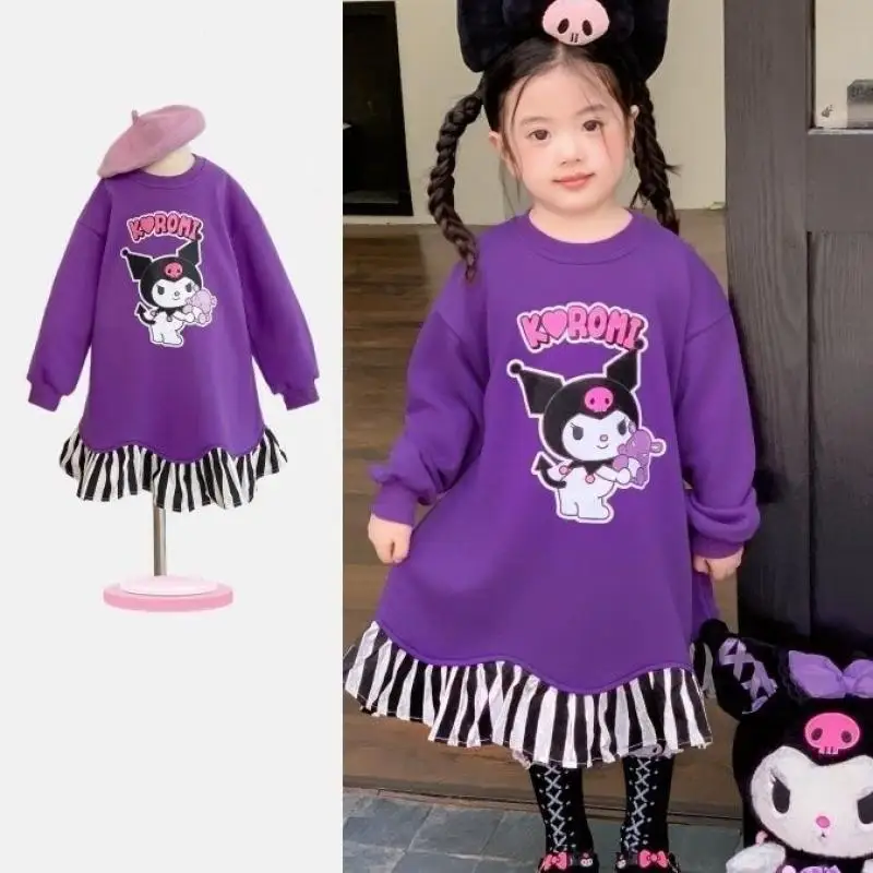 Herbst und Winter Mädchen Sweatshirt Kleid Cartoon Kuromi Langarm Kleid Vielseitiges mittellanges T-Shirt Rock Prinzessin Kleid