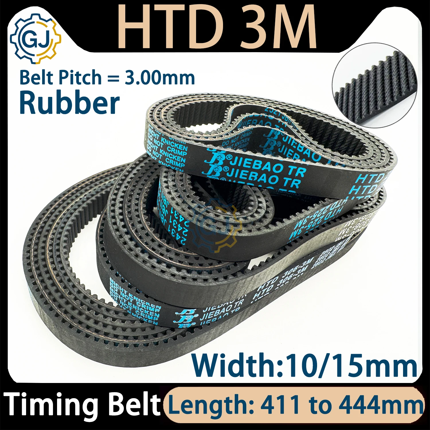 HTD3M timing belt width 10/15mm length 411 414 417 420 423 426 429 432 435 438 441 444mm rubber closed-loop High quality HTD 3M