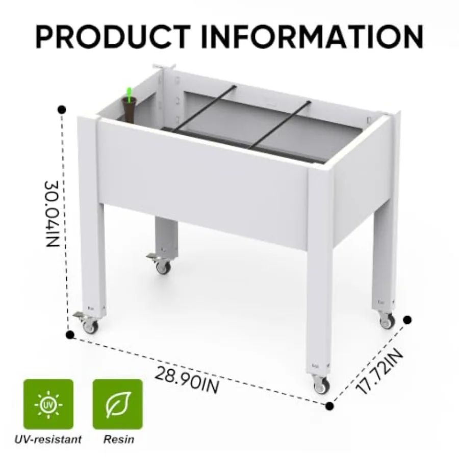 Raised Garden Bed with Legs, UV Waterproof Resin Elevated Garden Beds Outdoor with Wheels, Standing Planter Box with Internal C