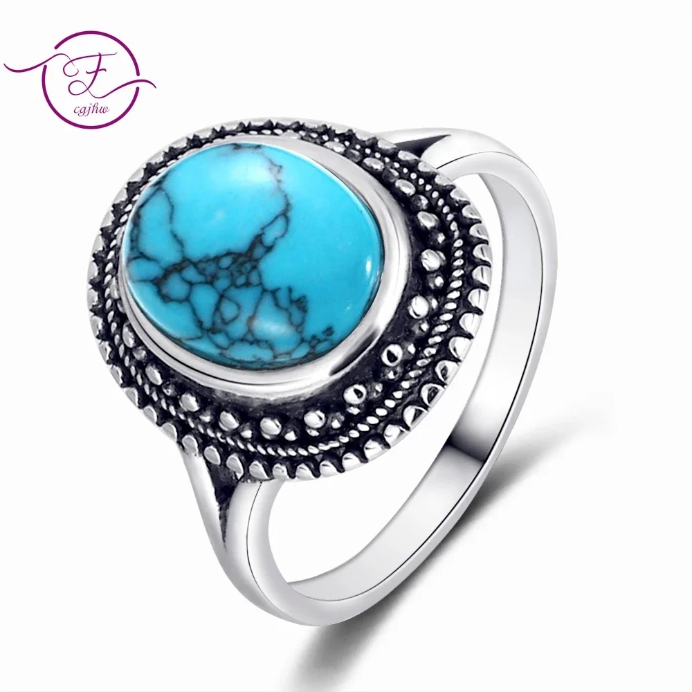 

Retro Silver Rings Natural Turquoise Gemstone Rings for Women Wedding Bands Anniversary Gift Fine Jewelry