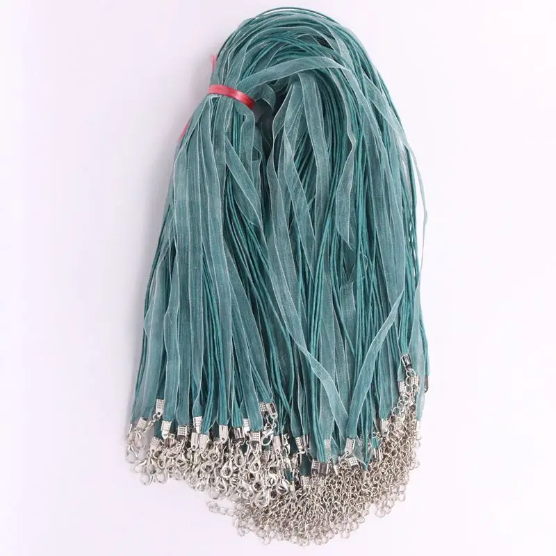 Free Shipping 100pcs 18inch Ocean Green Organza Ribbon Wax Cotton Necklace Cord String,Extender Chain,Lobster Clasp,DIY