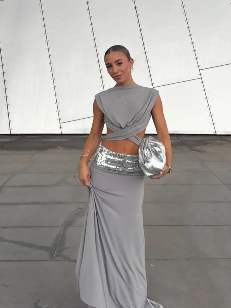 

Sleeveless Top Skirt Sets Fashion Round Collar Vest Long Skirts Women Suit Sexy 2026 Lady New Street Beach Vacation Outfits