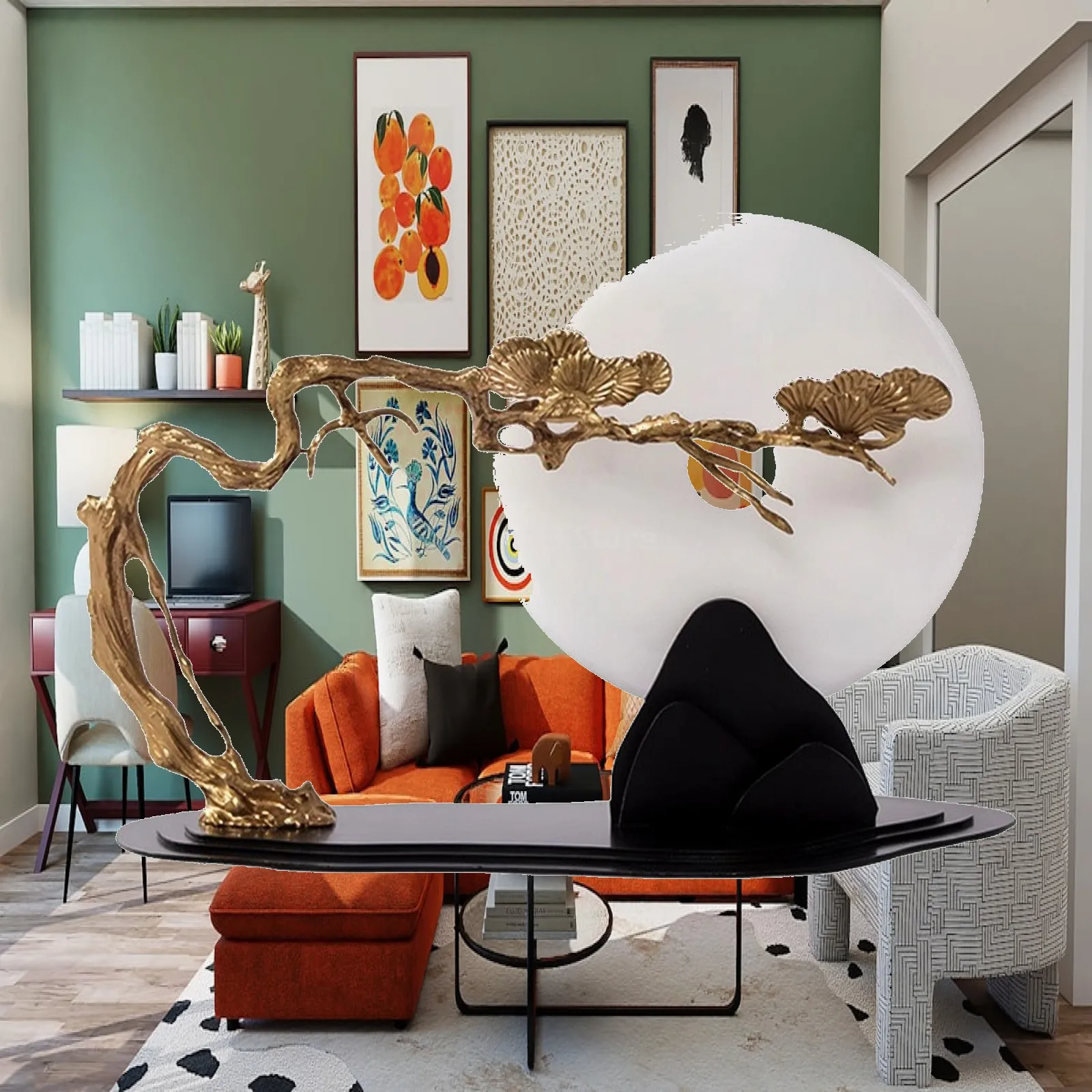 Tabletop Decor Sculptural Chinese-Style Circular Stone Disc Ornament for Living Room, Office, Bar Cabinet